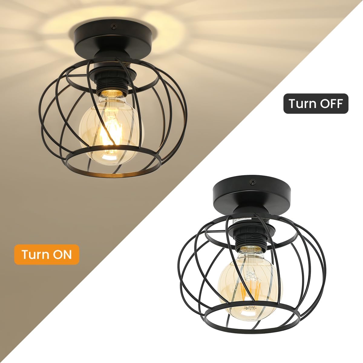 Industrial Ceiling Light Semi Flush Mount Ceiling Light Metal Cage E27 Black Ceiling Lights for Living Room, Hallway, Kitchen, Bedroom, Porch