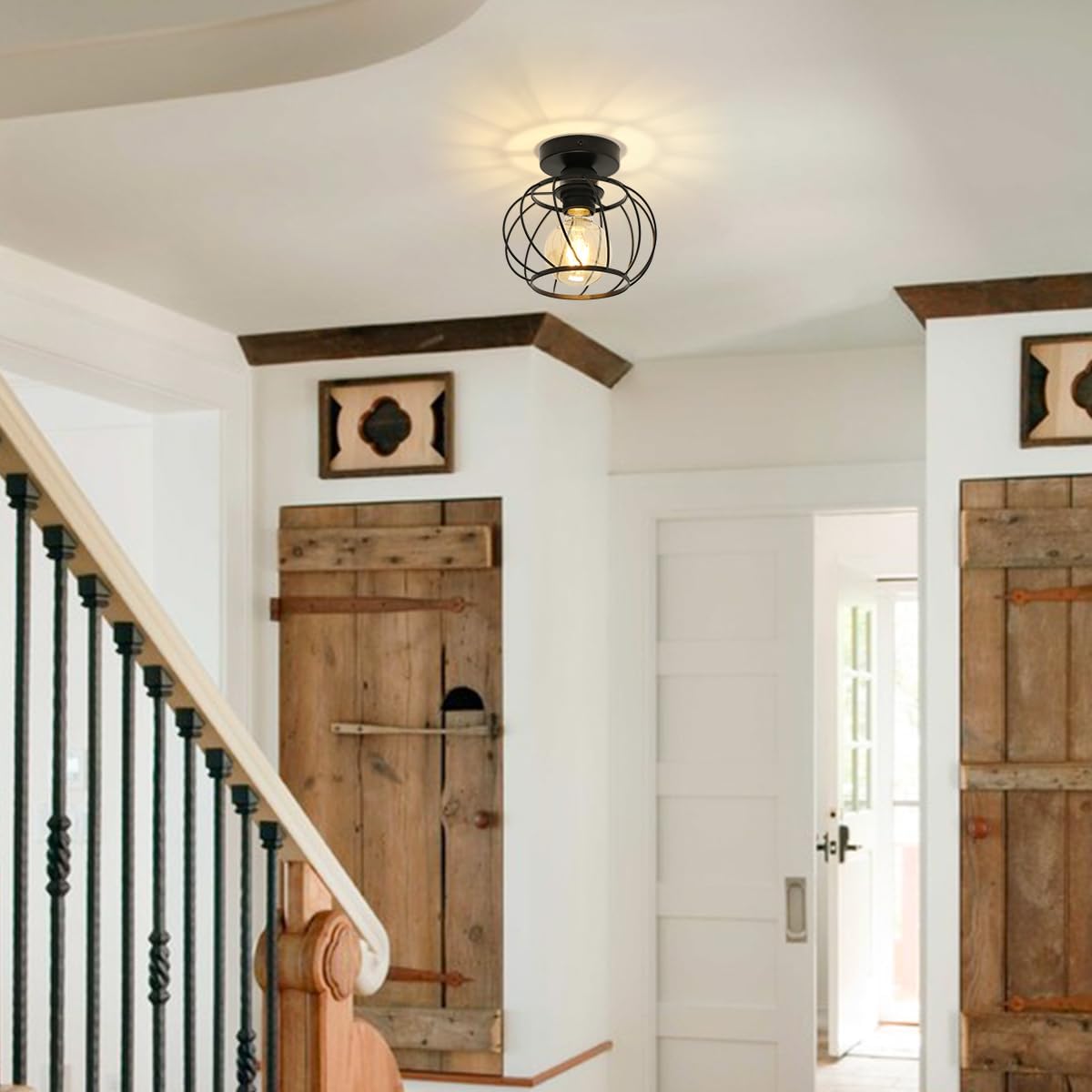 Industrial Ceiling Light Semi Flush Mount Ceiling Light Metal Cage E27 Black Ceiling Lights for Living Room, Hallway, Kitchen, Bedroom, Porch