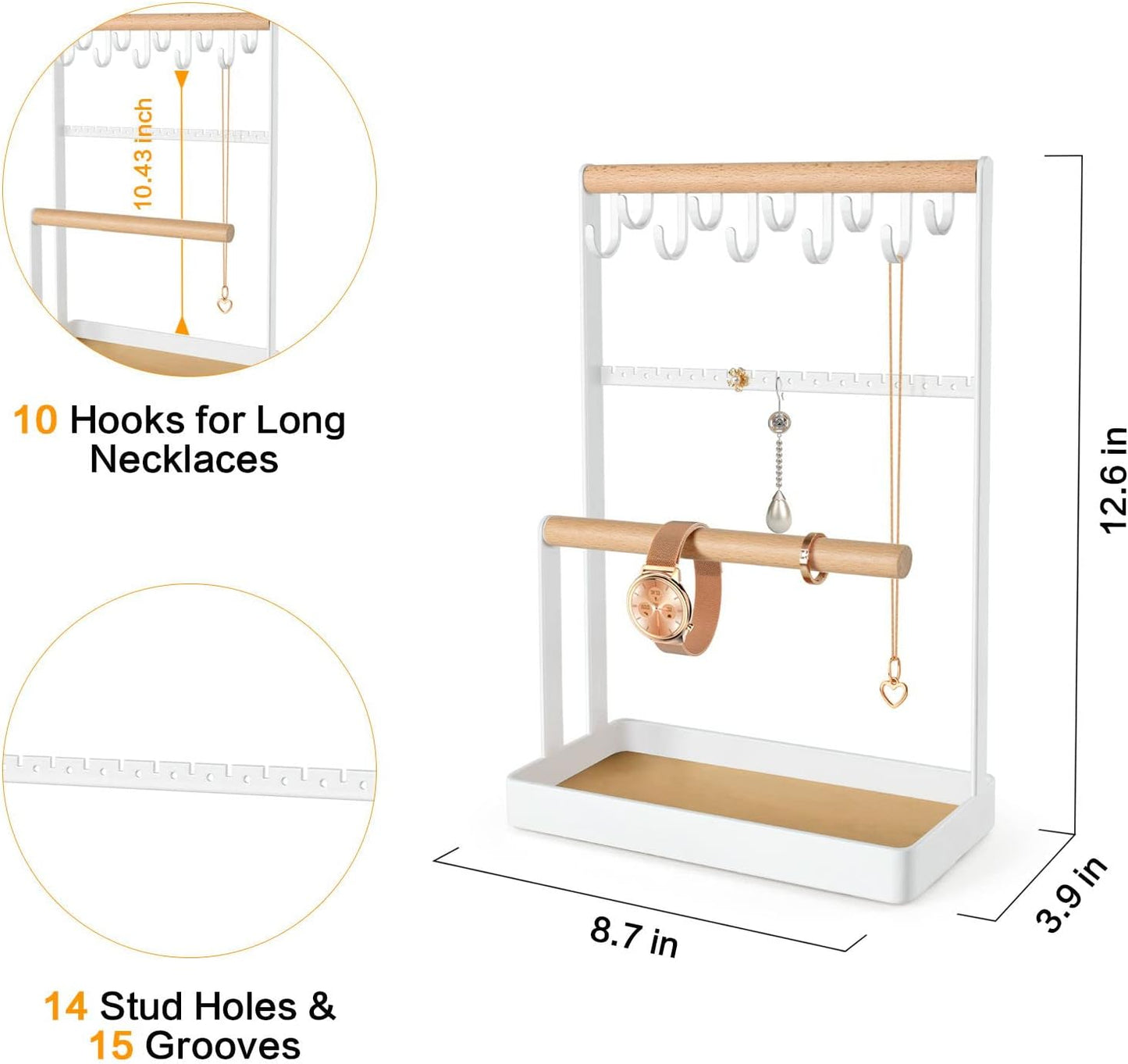 Jewelry Stand Holder, 3-Tier Necklace Hanging Wooden Ring Organizer Earring Tray, 8 Hooks Storage Necklaces, Bracelets, Rings and Watches on Desk Tabletop