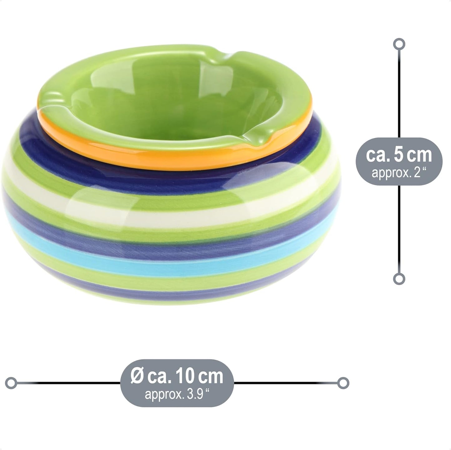 2x wind ashtray made of dolomite - weatherproof storm ashtray made of ceramic - small table ashtray with lid - design with colorful stripes