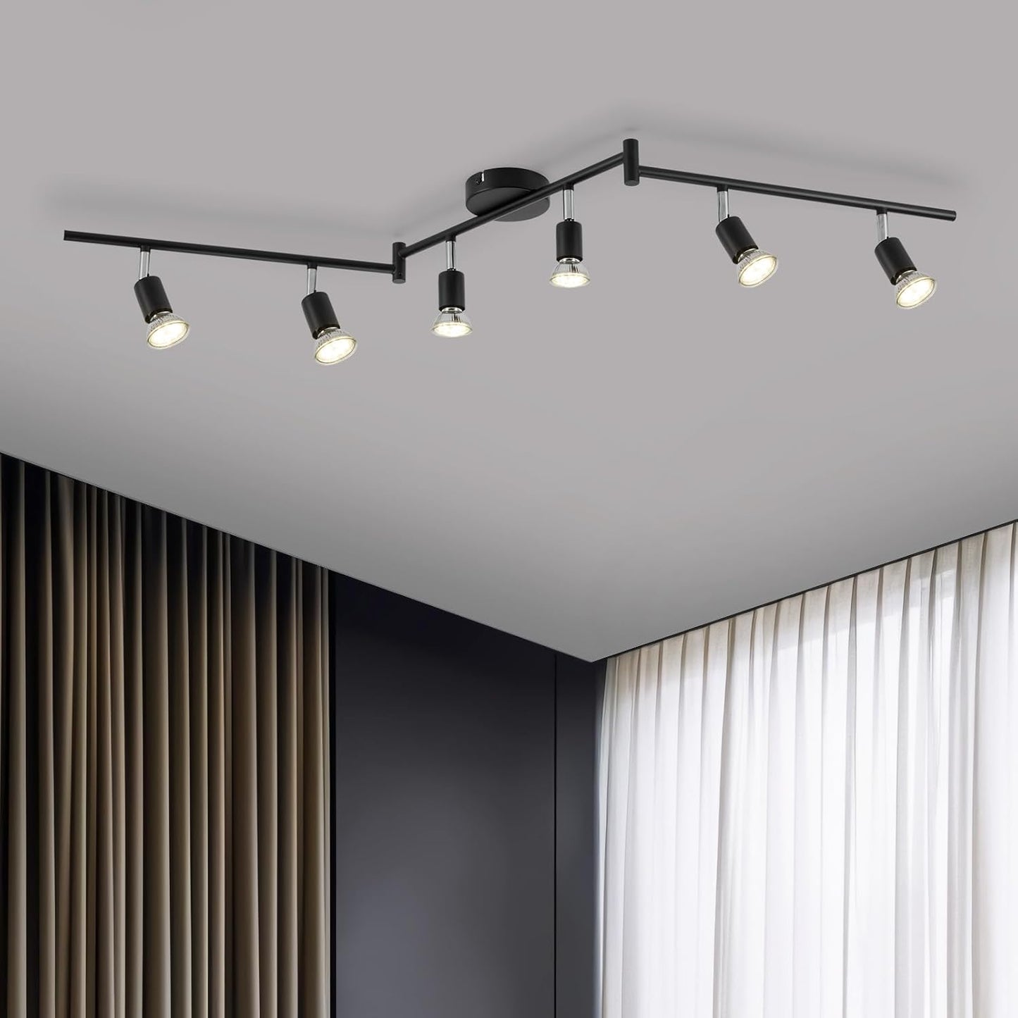Rotatable Kitchen Ceiling Light, Adjustable Bedroom Spotlights, Black LED Track Lighting, 6 Way Ceiling Lamp Indoor, 6 GU10 Bulbs, 6W 4000K for Livingroom Gym Office