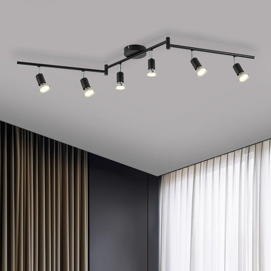 Rotatable Kitchen Ceiling Light, Adjustable Bedroom Spotlights, Black LED Track Lighting, 6 Way Ceiling Lamp Indoor, 6 GU10 Bulbs, 6W 4000K for Livingroom Gym Office
