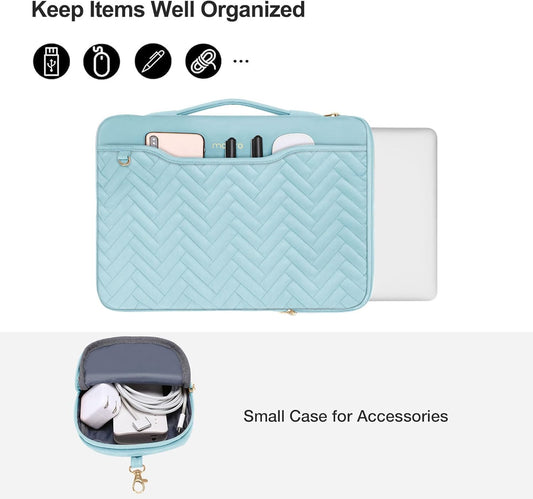 13-14 inch 360 Protective Laptop Case, 13.3 inch Laptop Sleeve Compatible with MacBook Air/Pro 13 13.6/Pro 14, HP, Dell, ASUS, Rectangle Quilted Bag with Handle&Pocket&Small Case, Ice Blue
