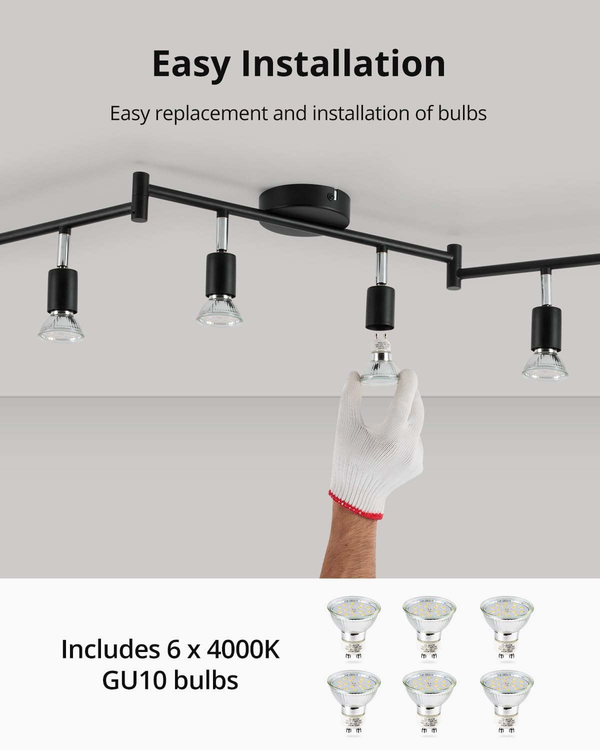 Rotatable Kitchen Ceiling Light, Adjustable Bedroom Spotlights, Black LED Track Lighting, 6 Way Ceiling Lamp Indoor, 6 GU10 Bulbs, 6W 4000K for Livingroom Gym Office