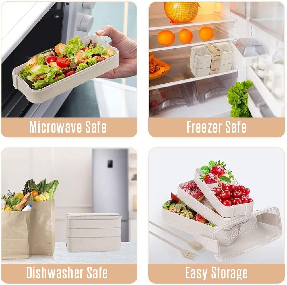 Bento Box with Cutlery Set | 3 Compartments Japanese Lunchbox | Portable, Leak Resistant, Dishwasher & Microwave Safe Lunch Container