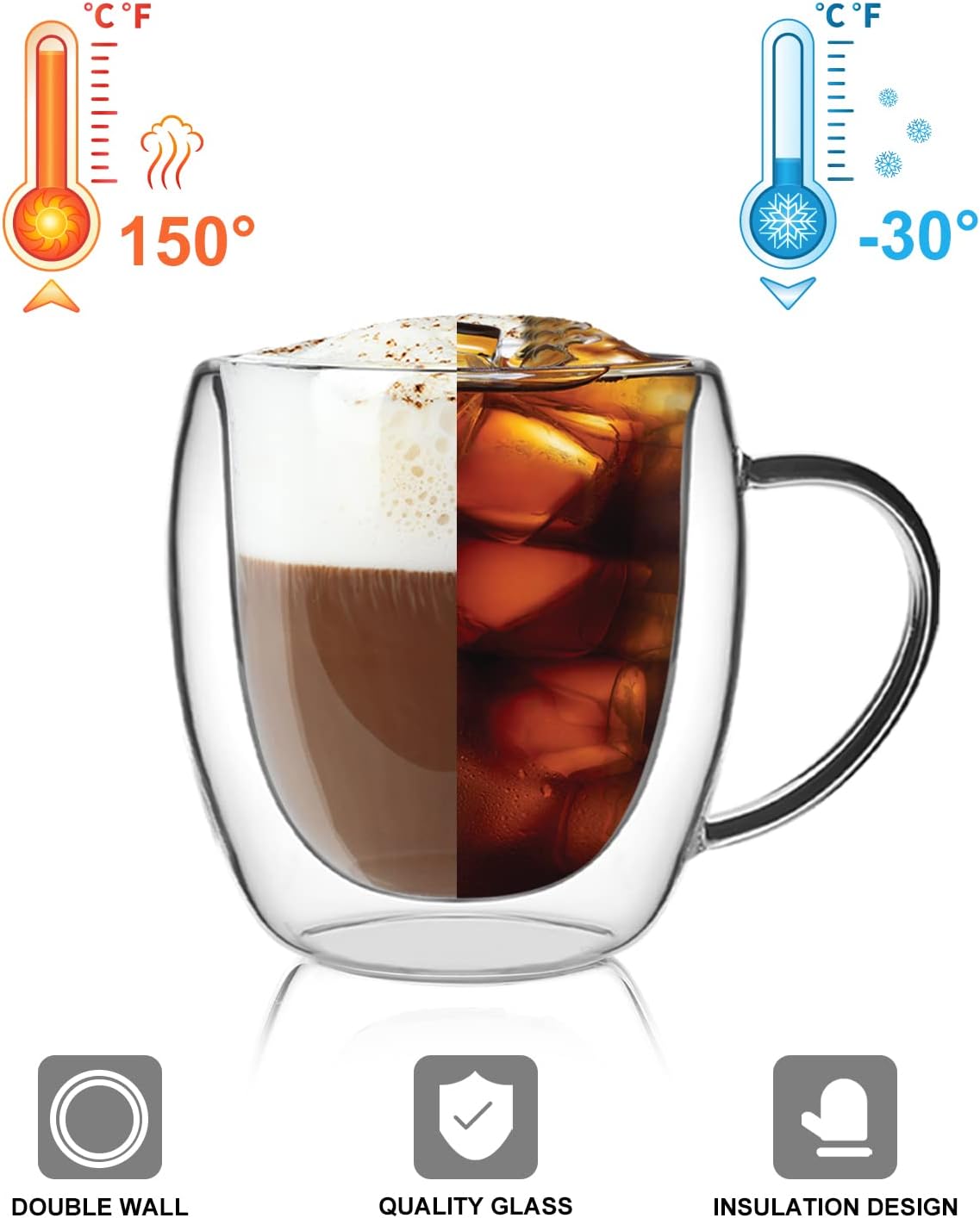 LIBWYS 2 Pack 250ml Double Walled Glass Coffee Mugs with 2 Spoons, Cappuccino Latte Tea Cups with Handle, Heat Resistant Drinking Glasses Cappuccino Cup