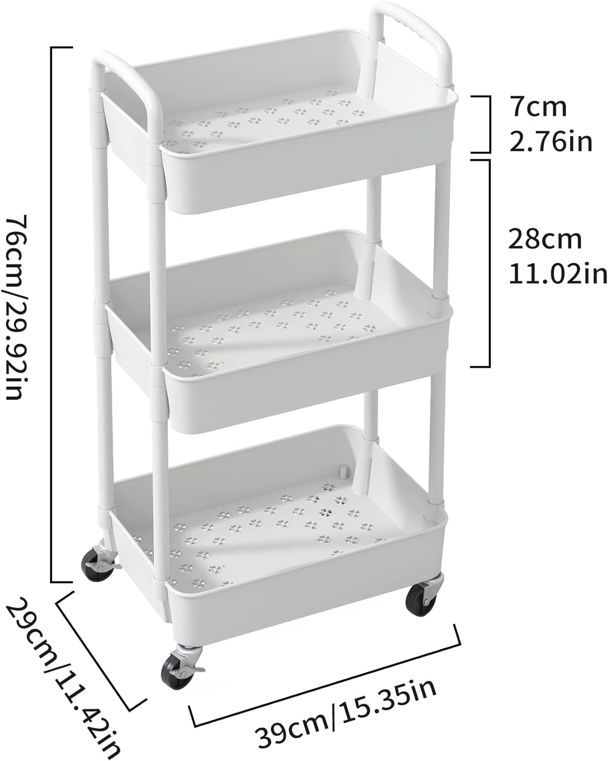 3-tier Storage Rack on Wheels, Kitchen & Office Utility Cart, Rolling Rack for Bedroom & Bathroom, White