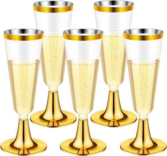 30Pcs Plastic Champagne Flutes, 150ml Gold Champagne Glasses Reusable Stemmed Party Wine Cups for Garden Wedding Anniversary Shower Parties