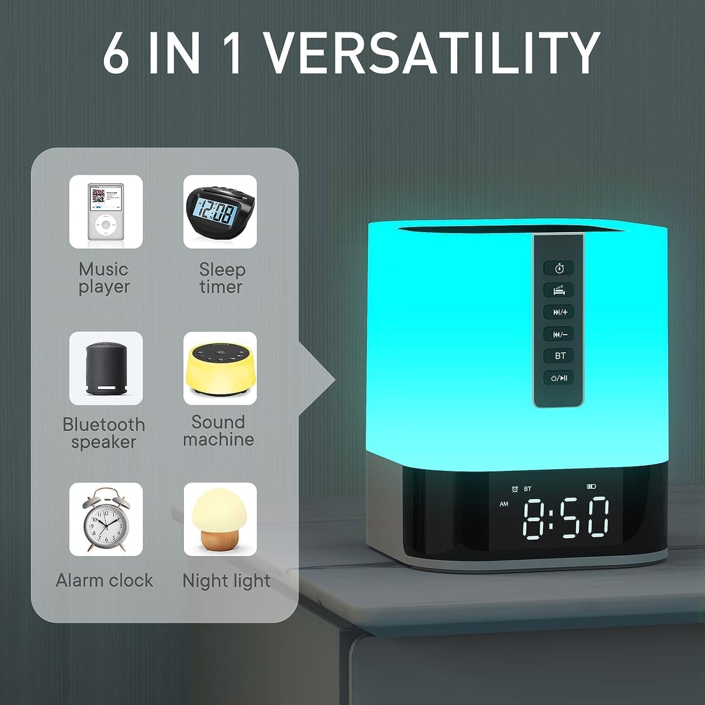 Night Light Bluetooth Speaker, White Noise Machine with 16 Soothing Sounds, Digital Alarm Clock, Dimmable Bedside Lamp with 48 Colour Changing Lights, Gifts for Kids Teenage Boys Girls 10-18 Year Old