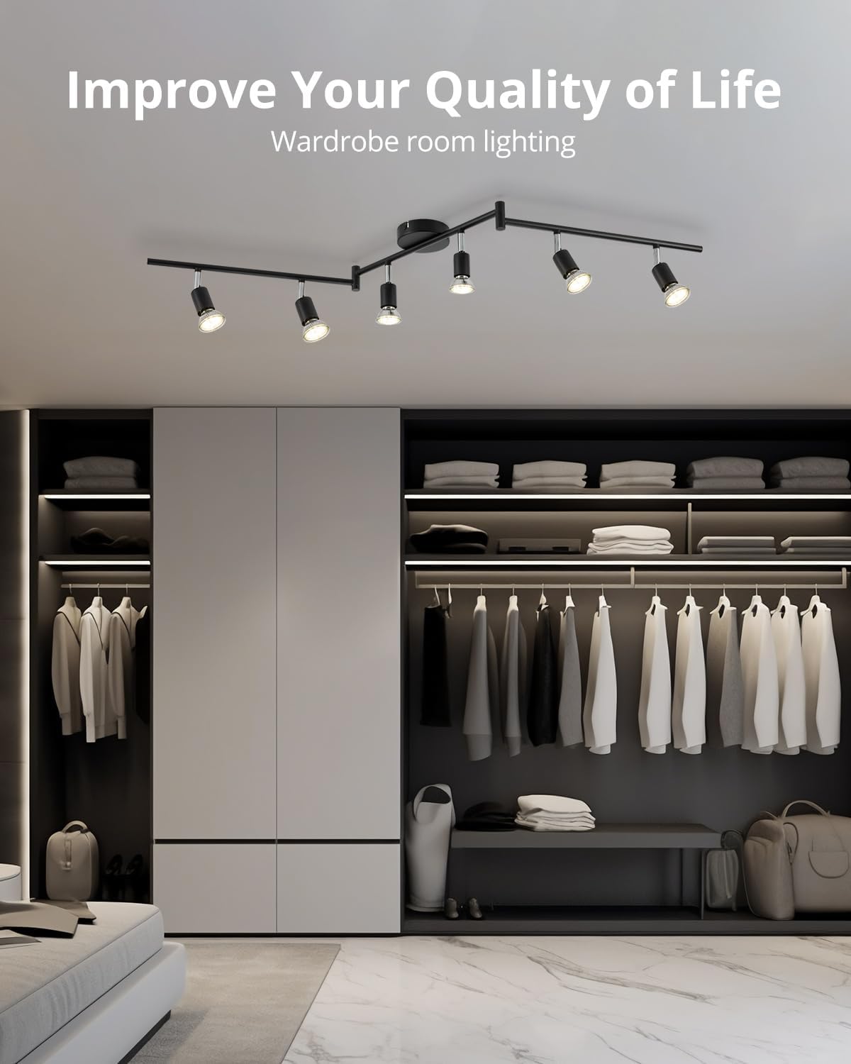 Rotatable Kitchen Ceiling Light, Adjustable Bedroom Spotlights, Black LED Track Lighting, 6 Way Ceiling Lamp Indoor, 6 GU10 Bulbs, 6W 4000K for Livingroom Gym Office