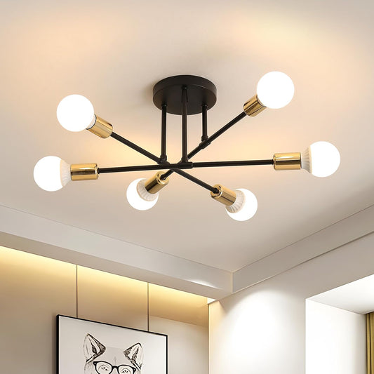 Sputnik Semi Flush Mount Ceiling Light, Black Golden Modern Chandelier with E27 Socket