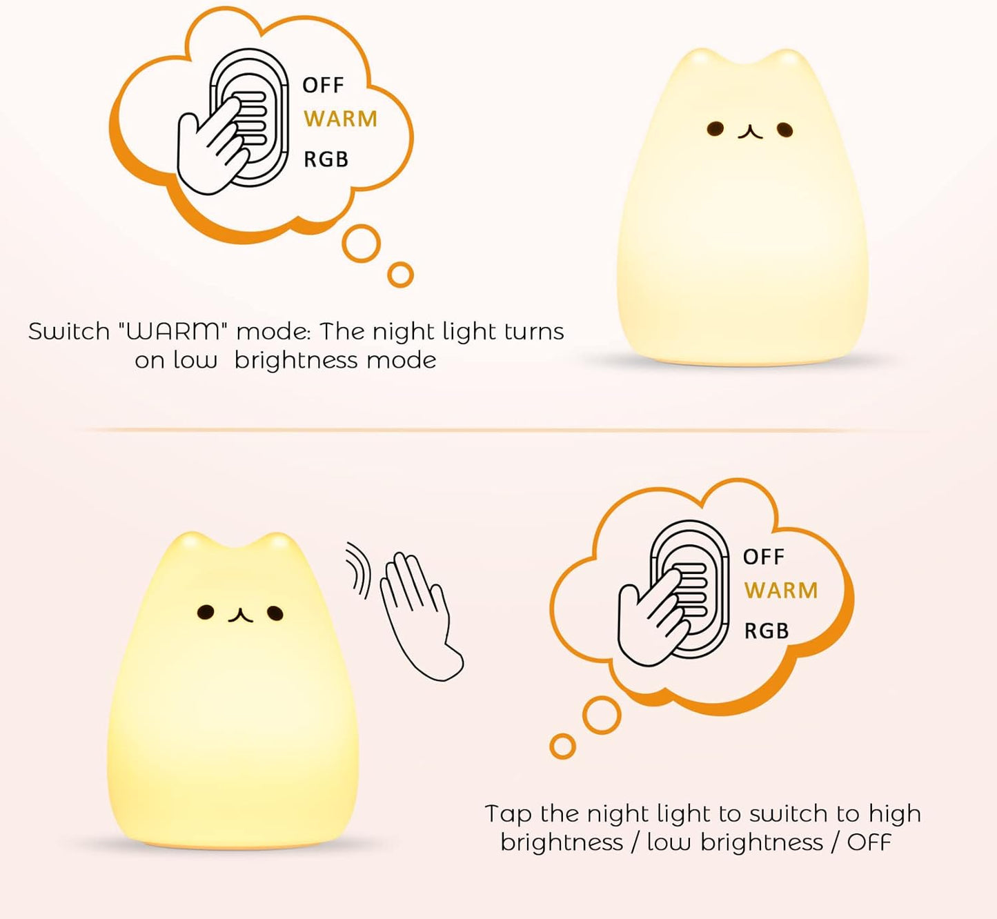 Cat Night Light - Kids Nightlight, Squishy Cute Lamp with Timer & 7 Colors, Rechargeable Bedside Lamp for Toddler & Baby