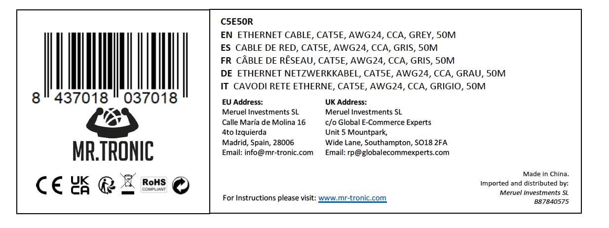 Bulk Cat 5E Ethernet Cable 50m, High Speed LAN Ethernet Network Cable, 50m Bulk Cat5E Internet 1 Gbps, 100 MHz, ADSL AWG24, UTP CCA