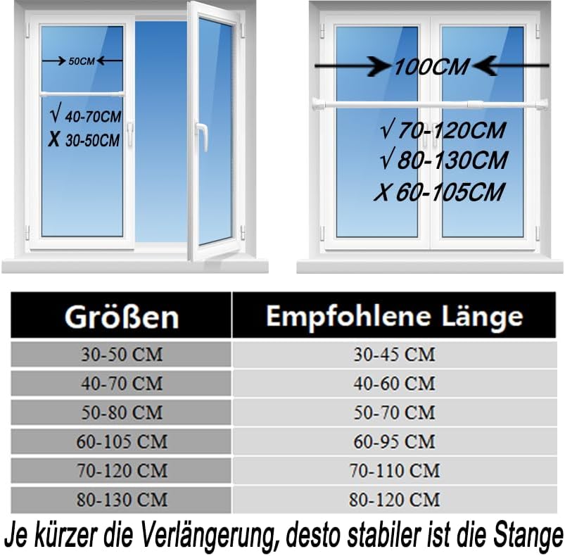 Net Curtain Rods Extendable Tension Rods for Net Curtains Spring Loaded Tension Rod for Kitchen, Bathroom, Wardrobe
