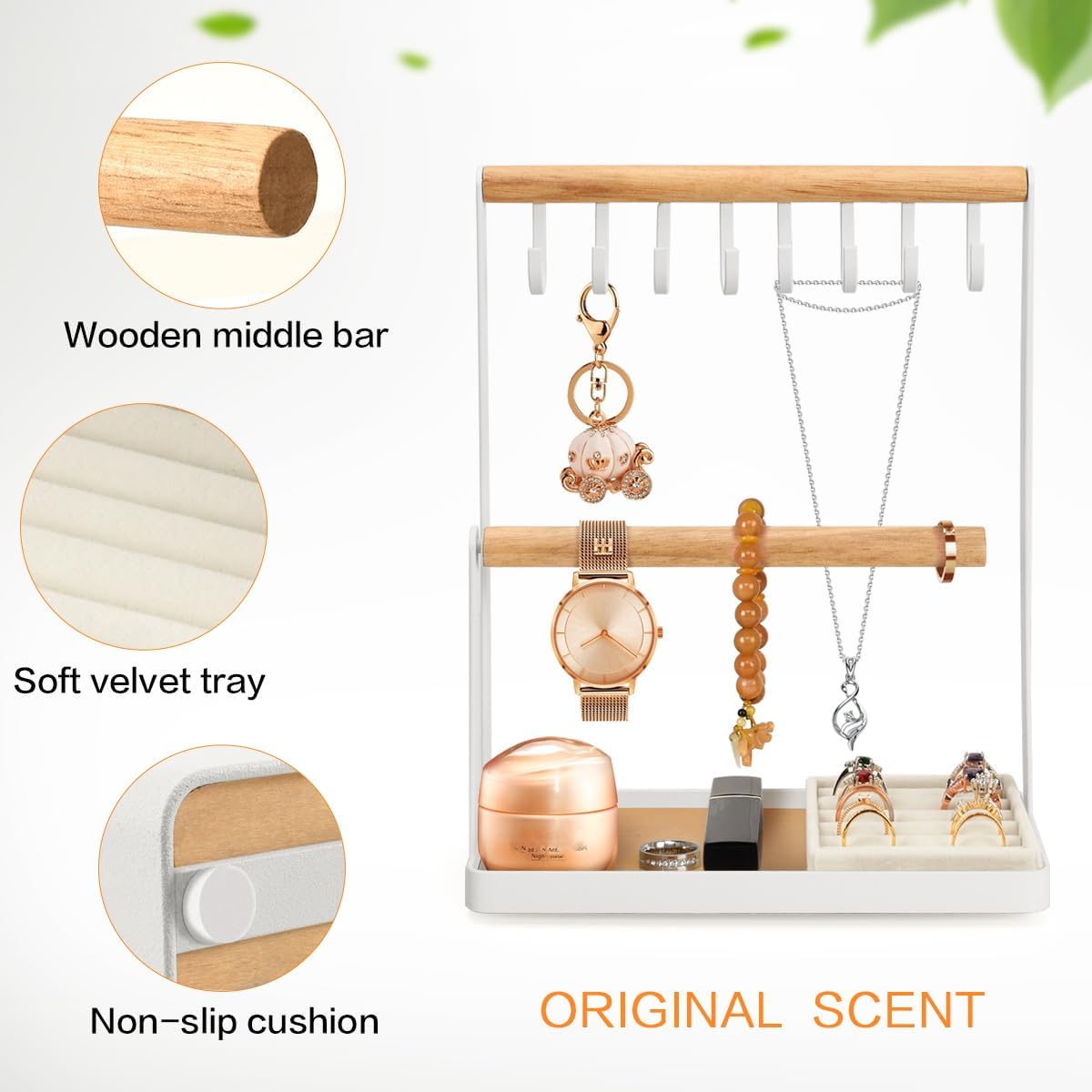 Jewelry Stand Holder, 3-Tier Necklace Hanging Wooden Ring Organizer Earring Tray, 8 Hooks Storage Necklaces, Bracelets, Rings and Watches on Desk Tabletop