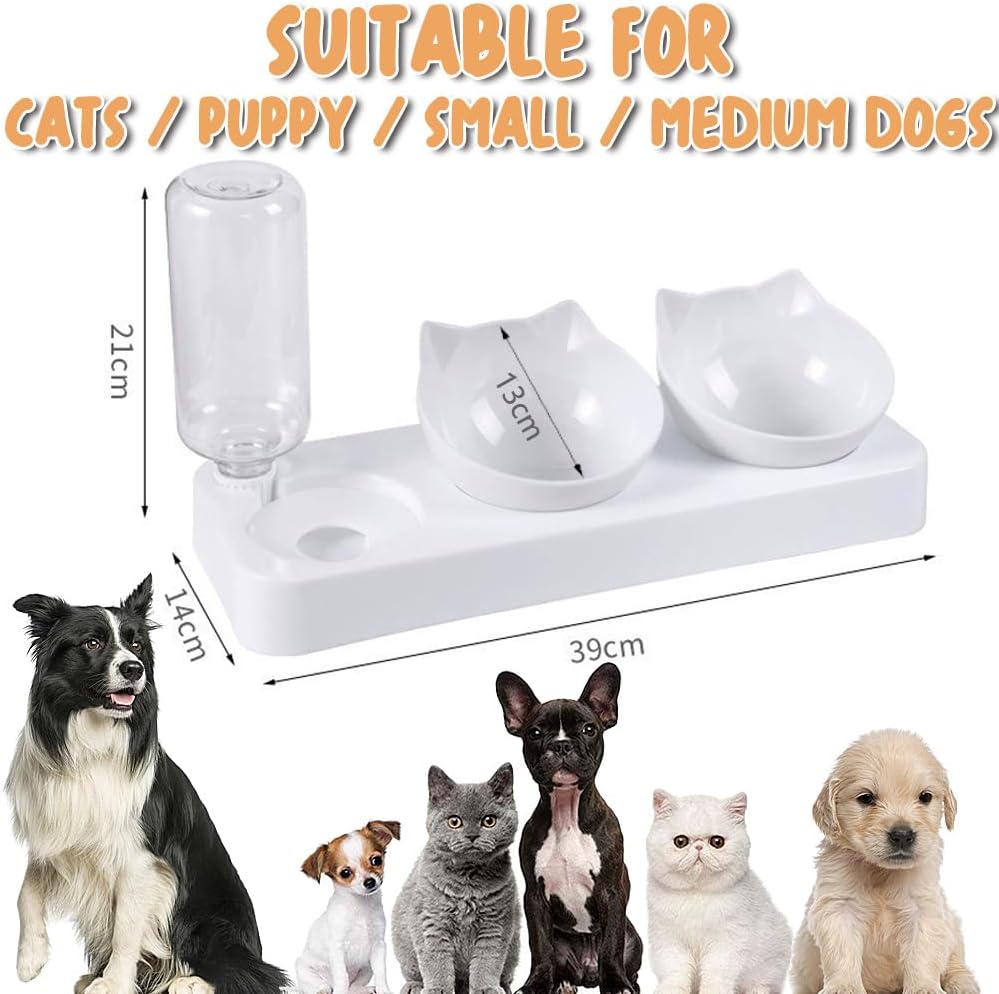 3-In-1 Cat Food And Water Bowl Set, Cat Bowls with Stand, Double Cat Bowls with Water Dispenser, Food And Water Feeder for Small Medium Dogs Cats