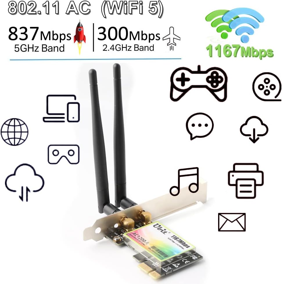WiFi Card, AC 1200Mbps Wireless WiFi PCIe Network Card 5GHz/2.4GHz Dual Band PCI Express Network Card for Desktop/PC Gaming