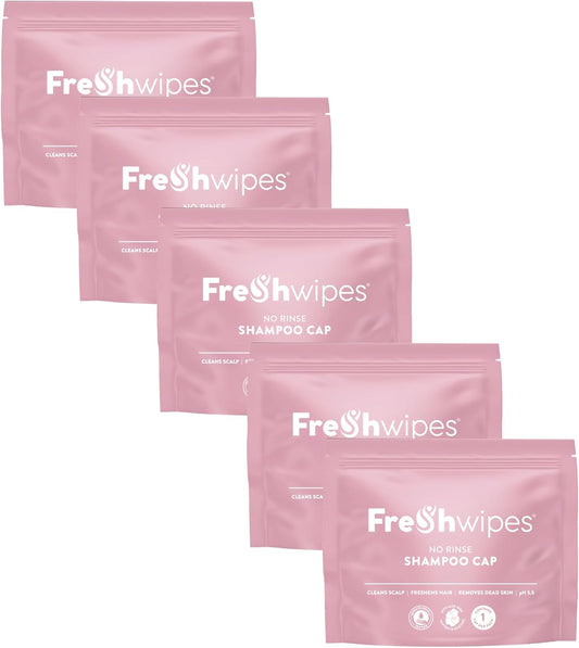 Shampoo Cap Pack of 5 - No Rinse for Elderly or Disabled - Cleanses & Conditions With Aloe Vera & Pro Vitamin B5 - For No Shower Access, Camping & Festival Use - Dermatologically Tested