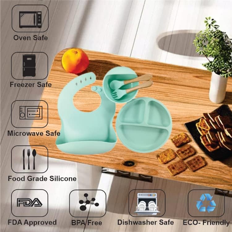 Baby Weaning Set, Silicone Suction Plate Baby, Suction Bowl, Spoon, Fork and Matching Bib - Super Detachable Suction Base Baby Feeding Set for Babies and Toddlers (Green)