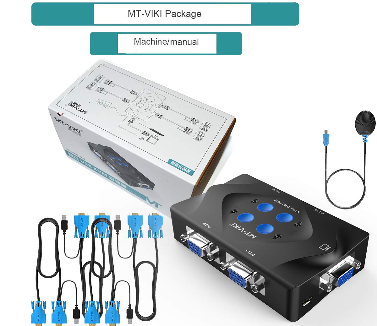 VGA KVM Switch 2 Port USB Selector for 2 Computers with Cables and USB Hub