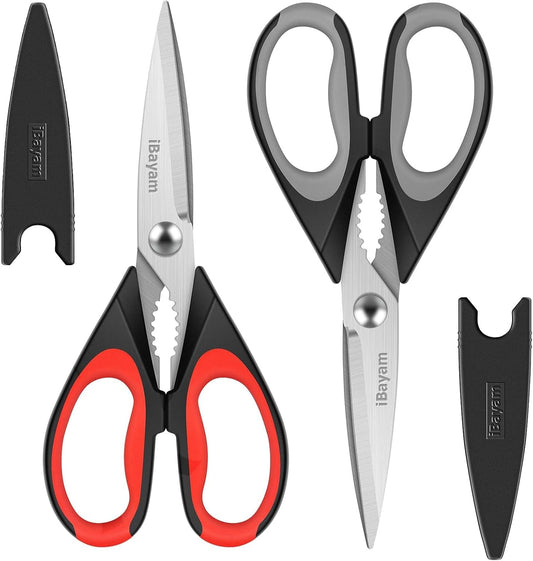 Kitchen Shears, 2-Pack Kitchen Scissors Heavy Duty Meat Scissors, Dishwasher Safe Cooking Scissors, Multipurpose Stainless Steel Sharp Utility Food Scissors for Chicken (Red,Black,Grey),(02)