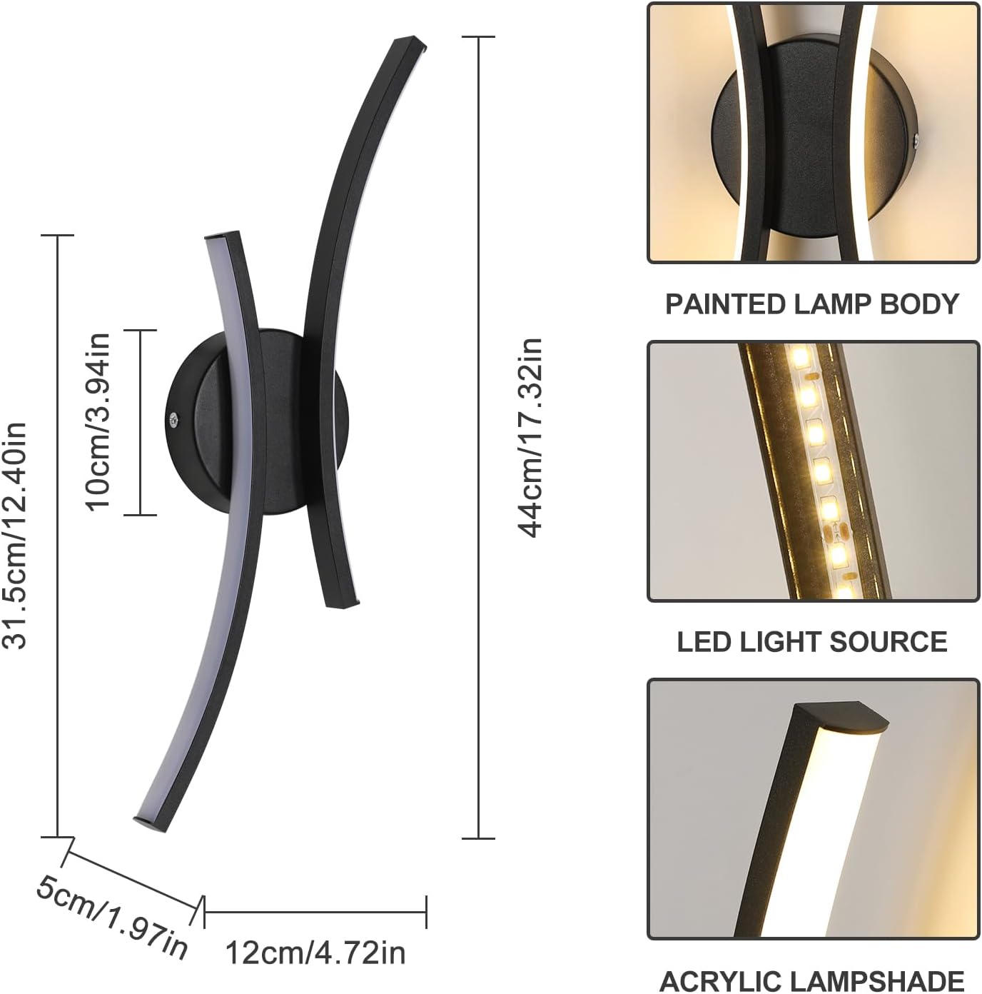 Modern LED Wall Light with 2 LED Strips, Curved Design Wall Sconce in Acrylic