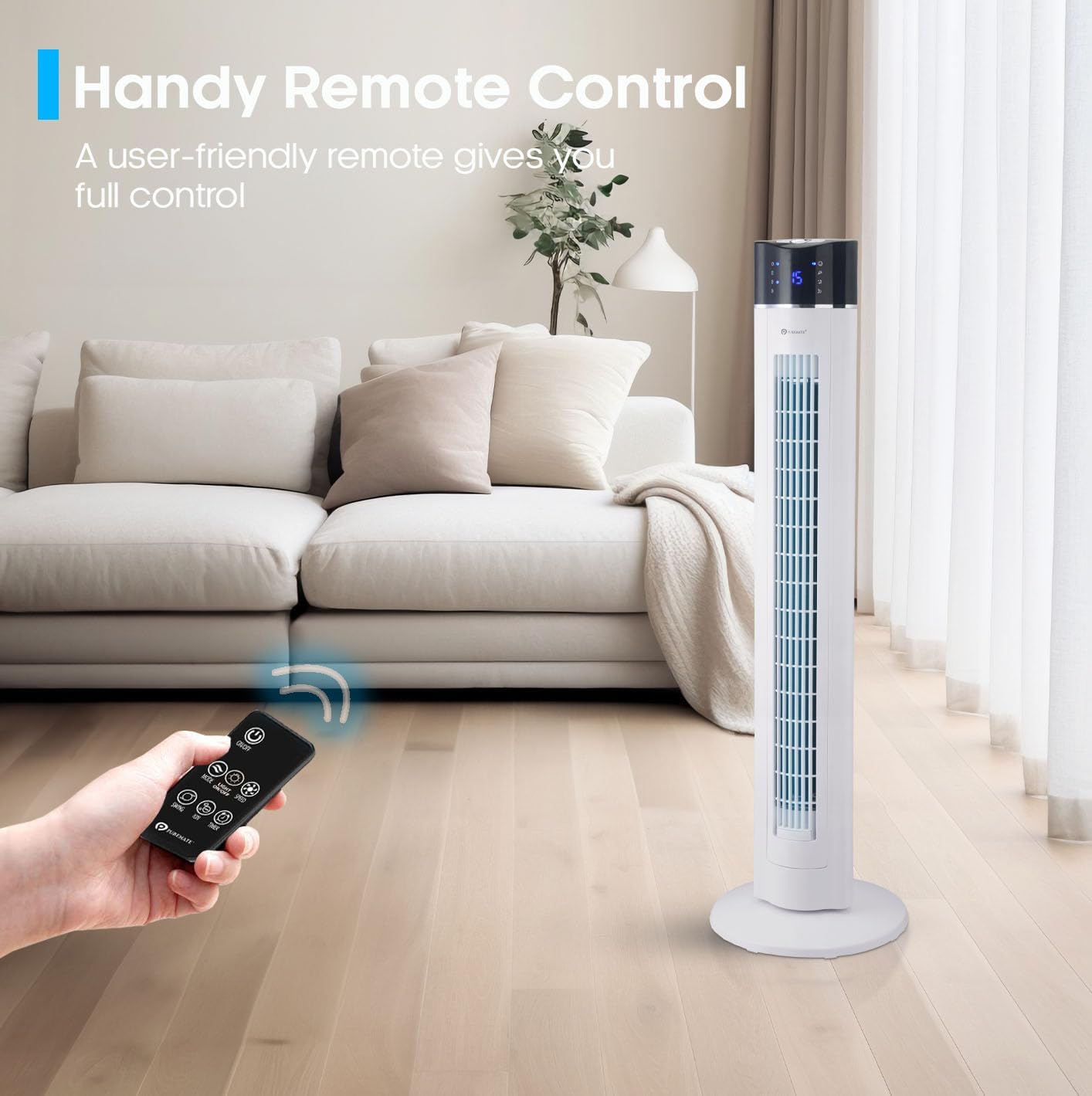 43-inch Tower Fan with Air Purifier & Aroma Function, 3 Speed Settings, Large LED Display, 8-Hour Timer, Oscillating Portable Electric Floor Fan for Bedroom, Home & Office