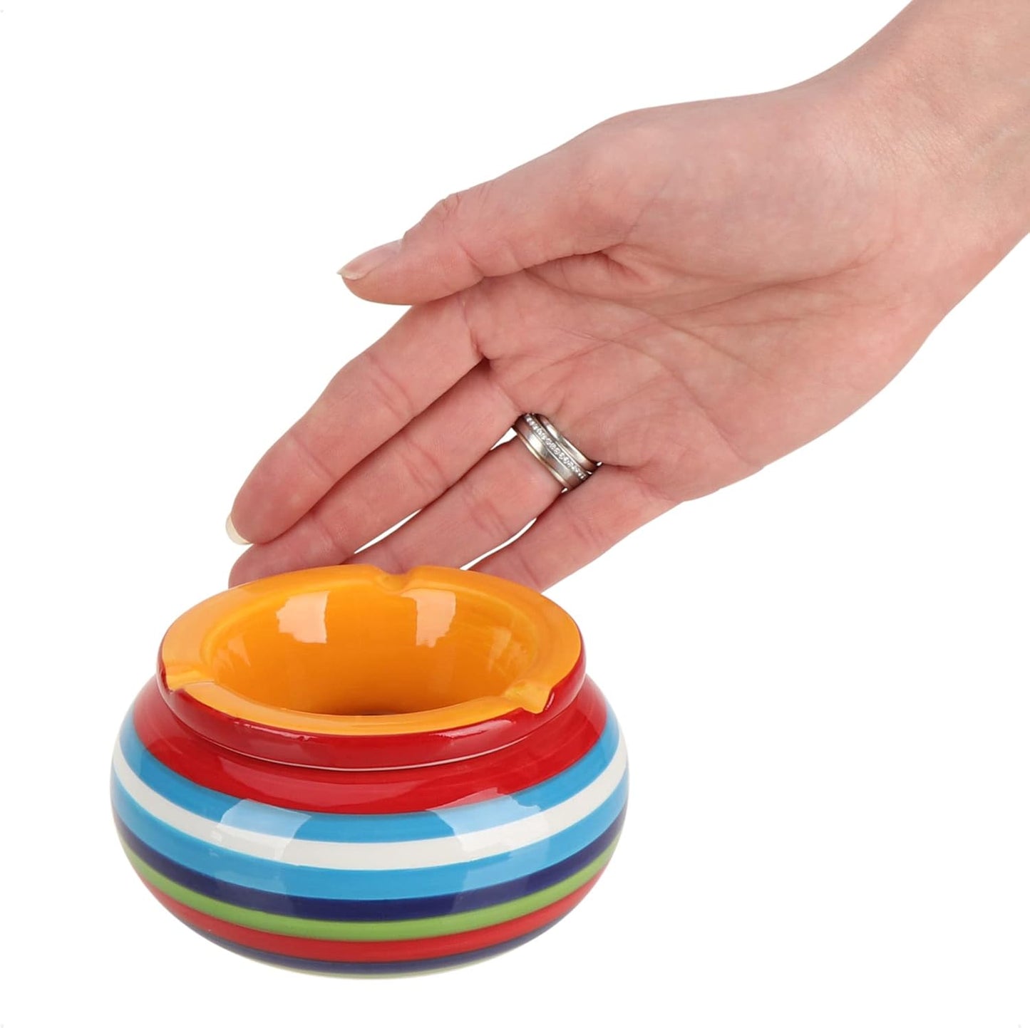 2x wind ashtray made of dolomite - weatherproof storm ashtray made of ceramic - small table ashtray with lid - design with colorful stripes