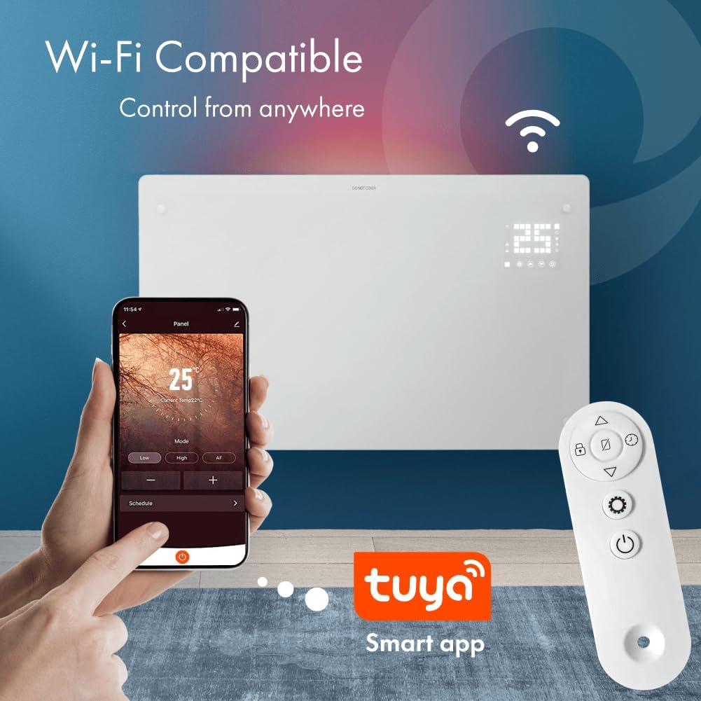 Wifi Enabled Smart Electric Glass Panel Heater 2000W | Alexa Heating Control, Open Window Detection, Wall Mounted