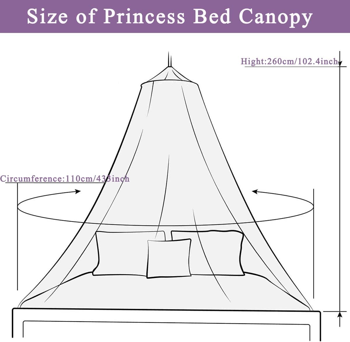 Mosquito Mesh Net Large Dome Hanging Canopy for Girls With Round Lace for Punch-free Installation - Single to Double Bed - Ideal for Bedroom Decorative
