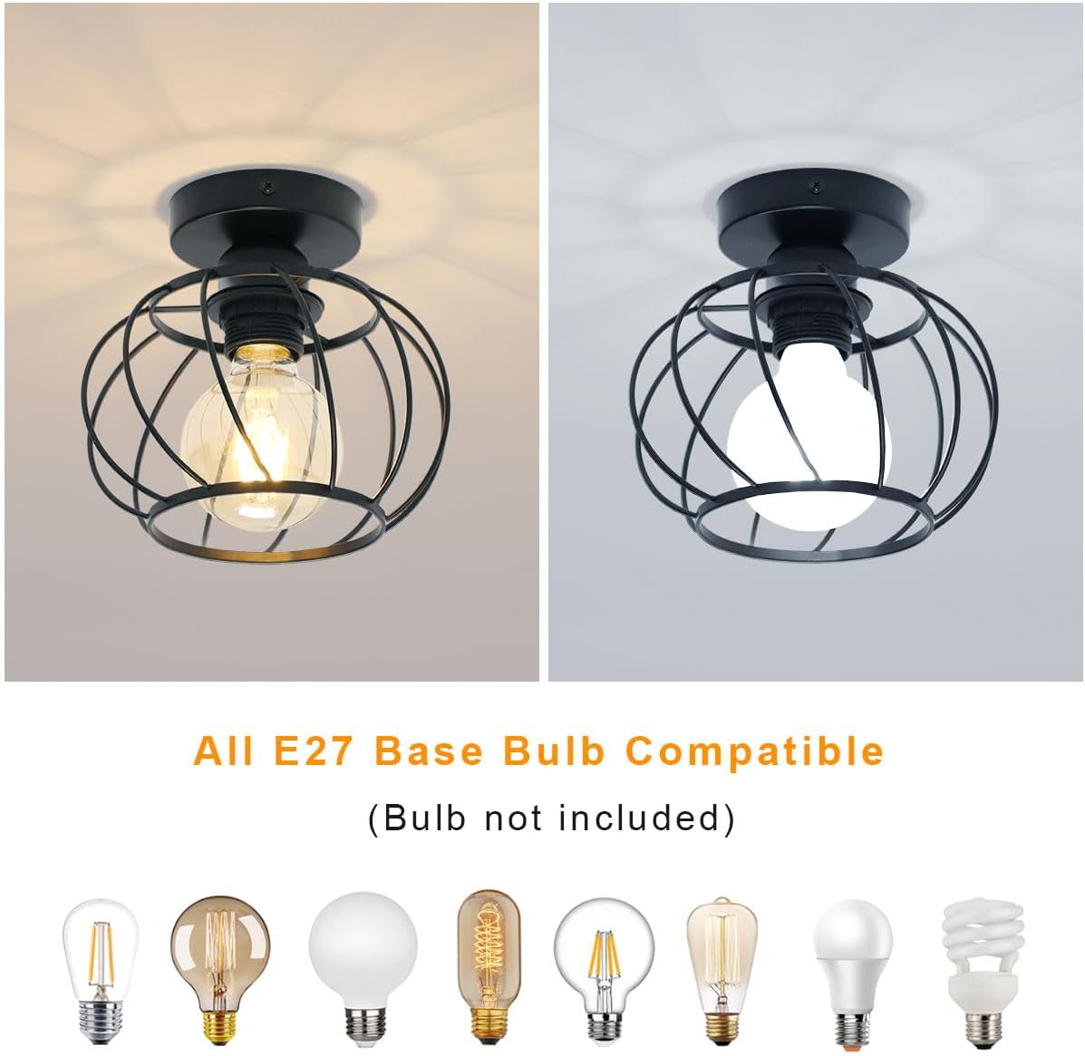 Industrial Ceiling Light Semi Flush Mount Ceiling Light Metal Cage E27 Black Ceiling Lights for Living Room, Hallway, Kitchen, Bedroom, Porch