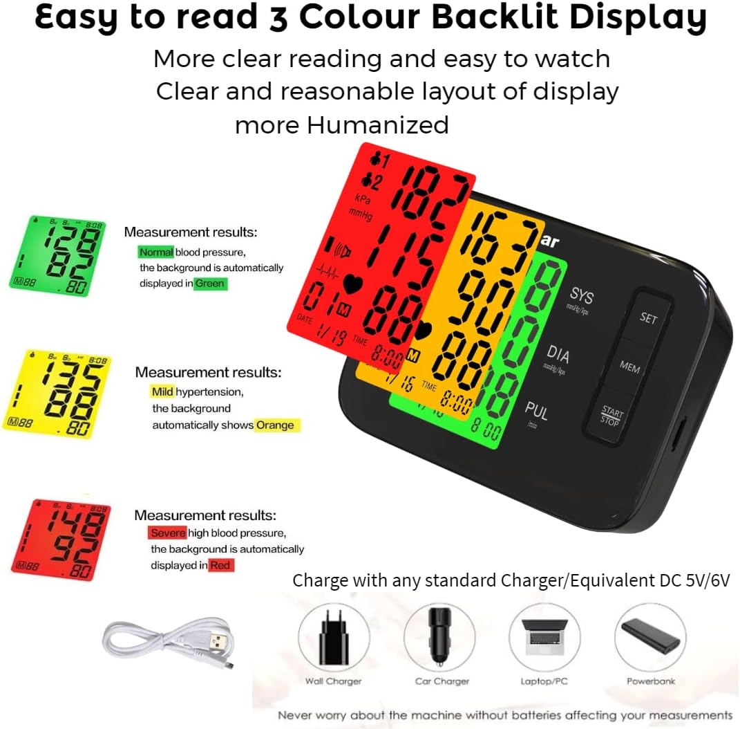 Rechargeable Upper Arm Blood Pressure Monitor – NHS Home Use BP Machine, CE Approved, Large Cuff 22-42cm, Heart Rate & Irregular Heartbeat Detection, LCD Backlight, Voice Broadcast
