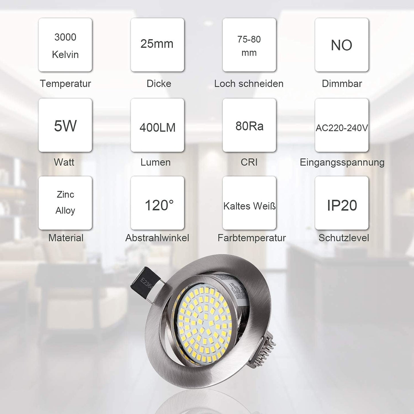 LED Recessed Ceiling Spot Lights 5W Cool White 6000K Downlight Ultra Slim Not Dimmable Rotatable Spotlights IP20 Protection for Living Room Bedroom Kitchen, Open Hole Size 75-80mm, Pack of 8