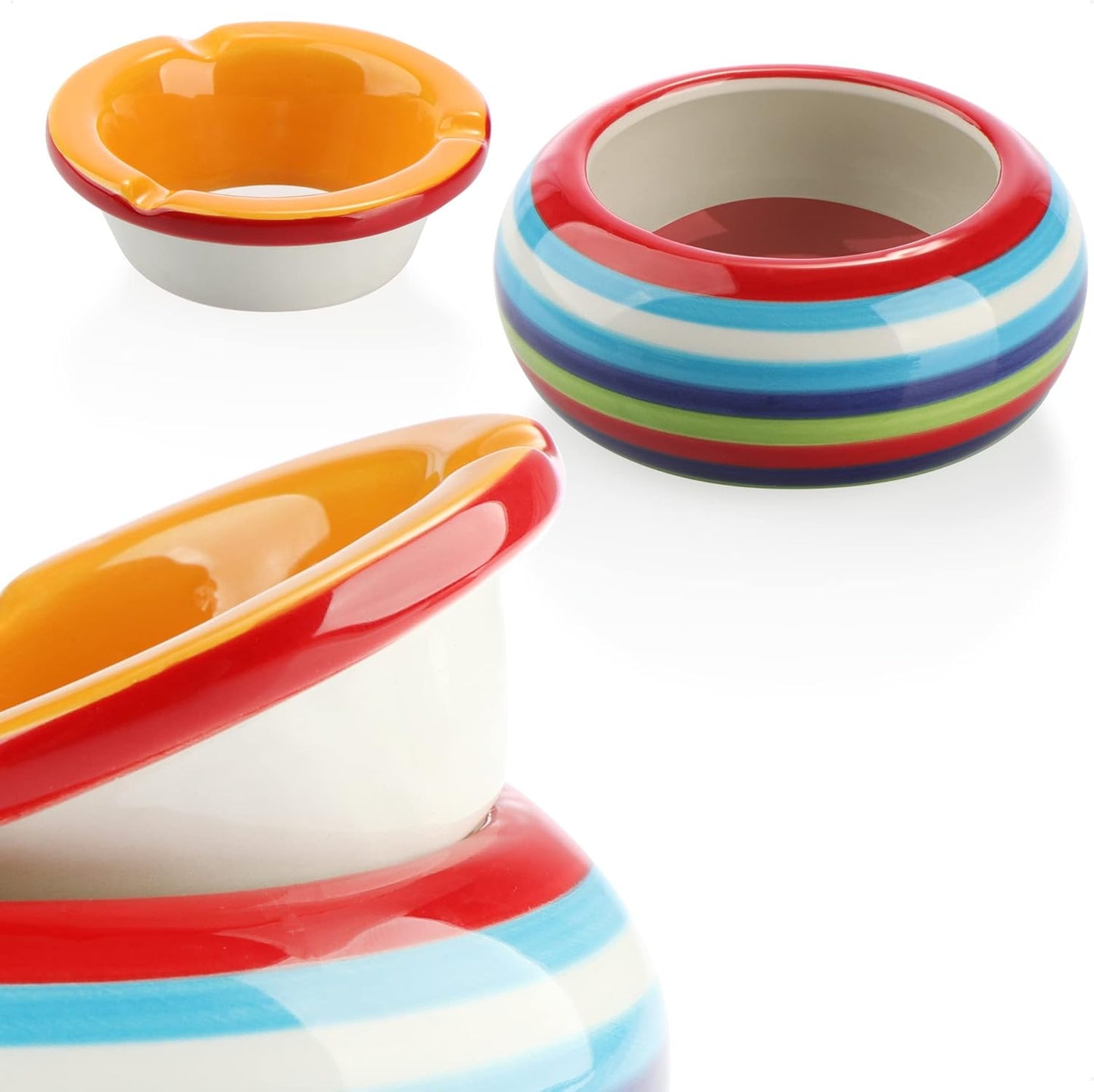 2x wind ashtray made of dolomite - weatherproof storm ashtray made of ceramic - small table ashtray with lid - design with colorful stripes