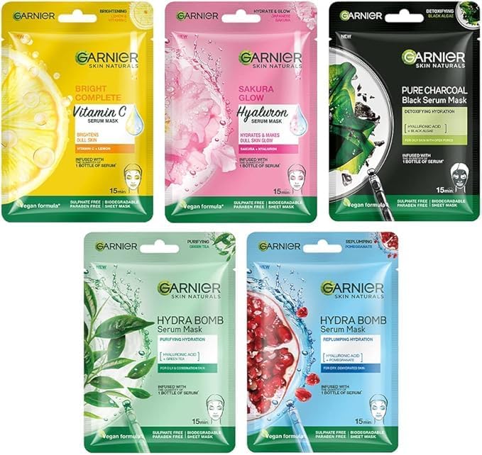 Skin Naturals, Garnier Face Serum Sheet Mask, Pack of 5 (Light Complete, Sakura, Blue, Green Tea, Charcoal)