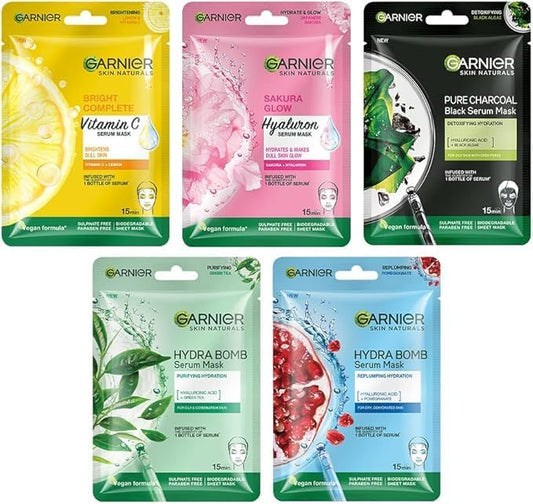 Skin Naturals, Garnier Face Serum Sheet Mask, Pack of 5 (Light Complete, Sakura, Blue, Green Tea, Charcoal)
