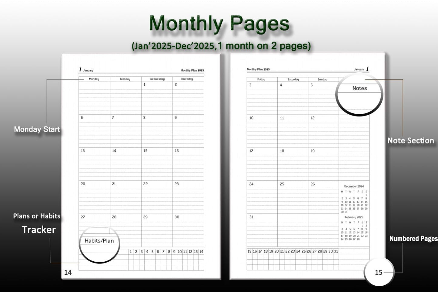 2025 Diary A5 Page a Day with Time, Monthly Overview, Pen Holder, 2 Bookmarks, Back Pocket, Hardcover, Daily Planner Extra Notes UK Holiday, Elastic Closure, Jan.25 - Dec.25, Day per Page