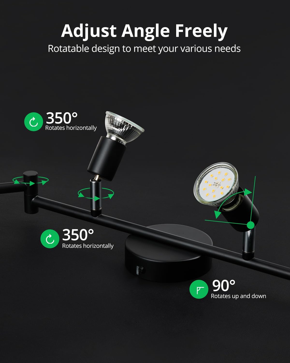 Rotatable Kitchen Ceiling Light, Adjustable Bedroom Spotlights, Black LED Track Lighting, 6 Way Ceiling Lamp Indoor, 6 GU10 Bulbs, 6W 4000K for Livingroom Gym Office