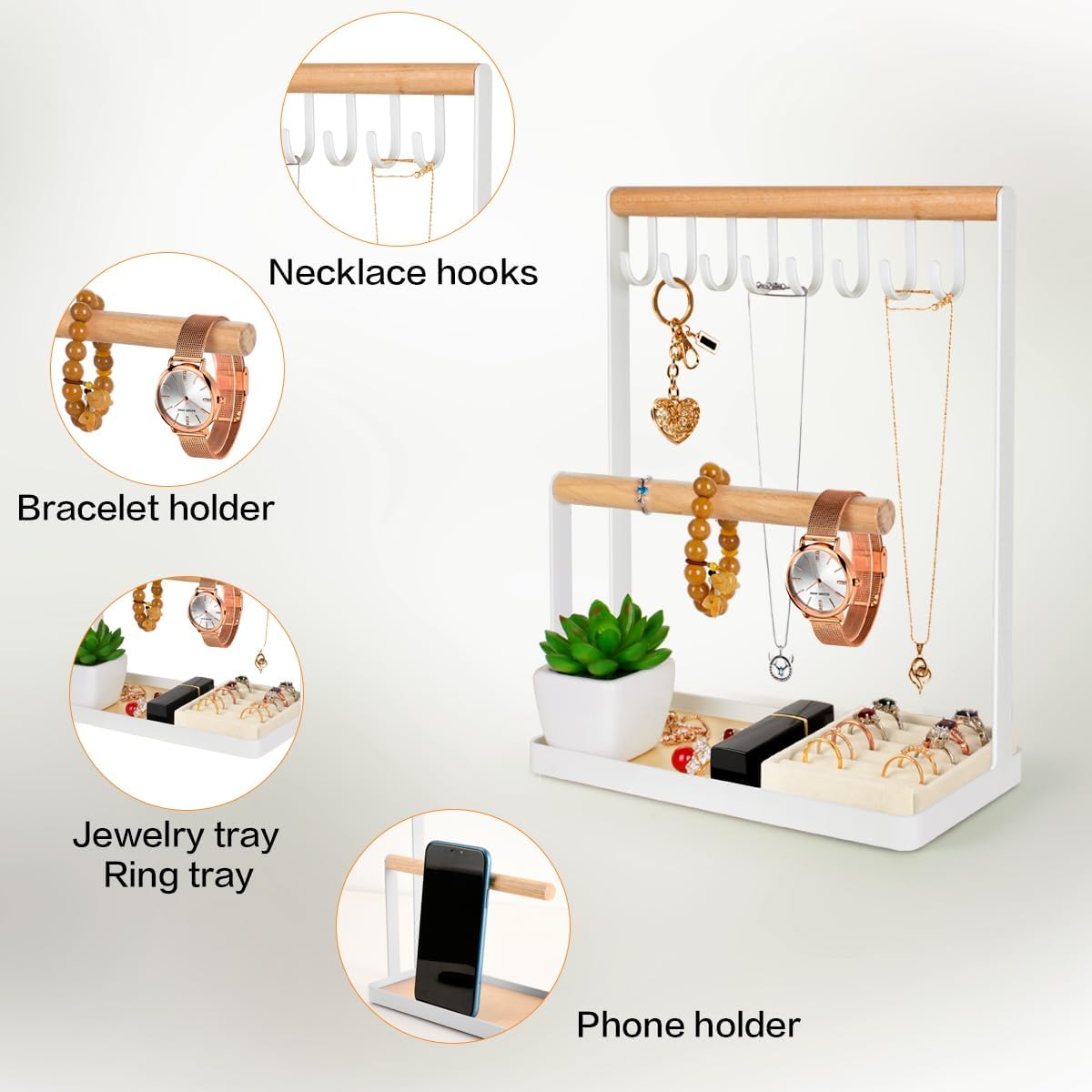 Jewelry Stand Holder, 3-Tier Necklace Hanging Wooden Ring Organizer Earring Tray, 8 Hooks Storage Necklaces, Bracelets, Rings and Watches on Desk Tabletop