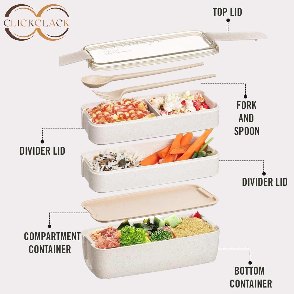 Bento Box with Cutlery Set | 3 Compartments Japanese Lunchbox | Portable, Leak Resistant, Dishwasher & Microwave Safe Lunch Container