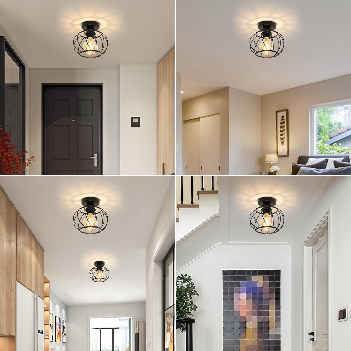 Industrial Ceiling Light Semi Flush Mount Ceiling Light Metal Cage E27 Black Ceiling Lights for Living Room, Hallway, Kitchen, Bedroom, Porch