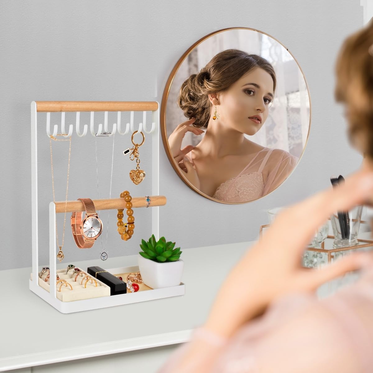 Jewelry Stand Holder, 3-Tier Necklace Hanging Wooden Ring Organizer Earring Tray, 8 Hooks Storage Necklaces, Bracelets, Rings and Watches on Desk Tabletop