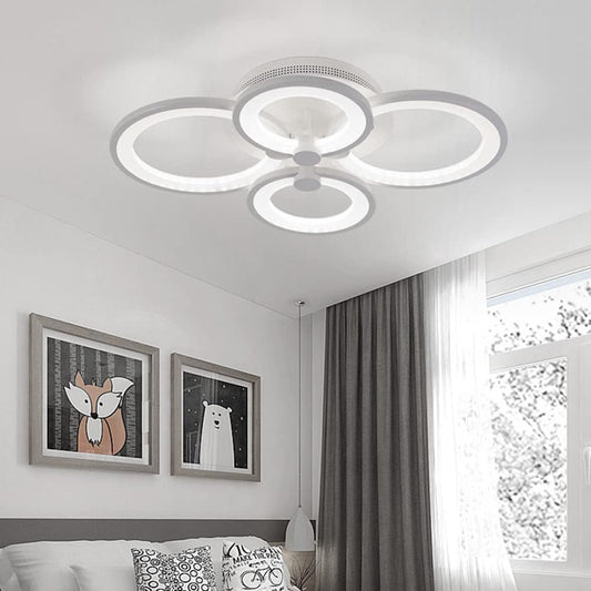 Modern LED Ceiling Light, Flush Mount Lighting Fixture with 4 White Rings, Acrylic Chandelier Lamp for Living Room, Bedroom