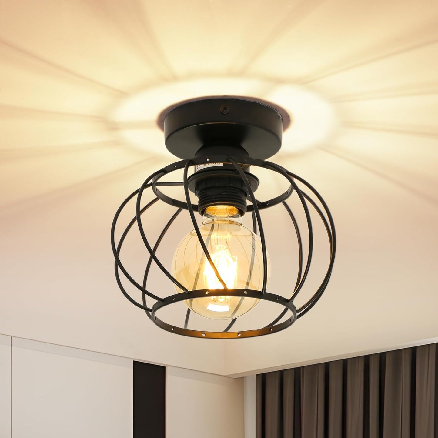 Industrial Ceiling Light Semi Flush Mount Ceiling Light Metal Cage E27 Black Ceiling Lights for Living Room, Hallway, Kitchen, Bedroom, Porch