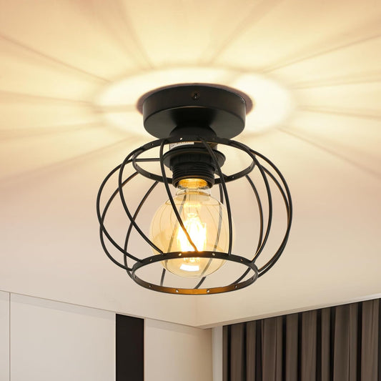 Industrial Ceiling Light Semi Flush Mount Ceiling Light Metal Cage E27 Black Ceiling Lights for Living Room, Hallway, Kitchen, Bedroom, Porch