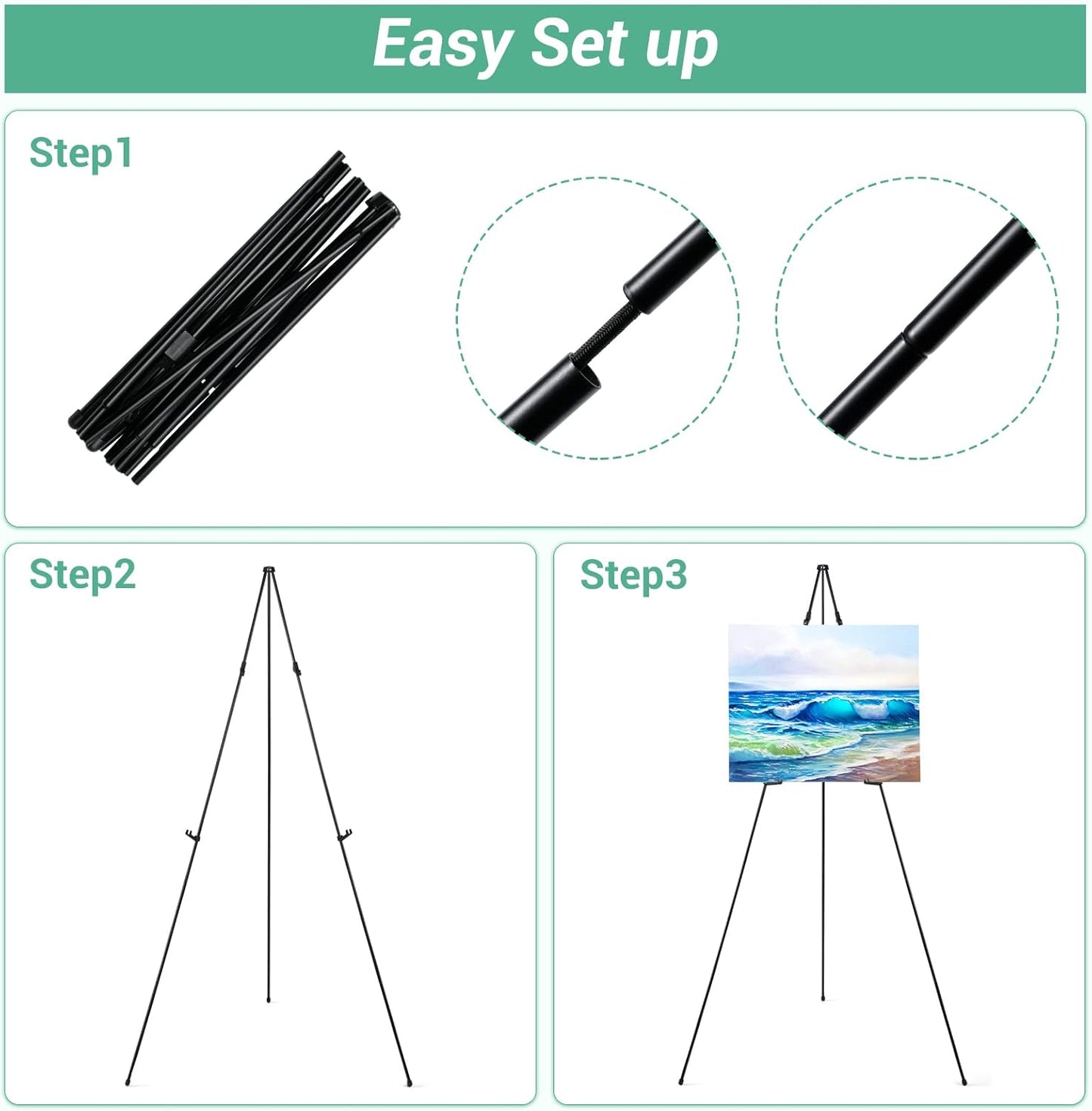 Portable Artist Easel Stand 63'' Adjustable Tripod Table Top Art Canvas Painting Display - Easy Folding Studio Telescopic Floor Easels for Wedding Sign Poster Black Indoor Outdoor