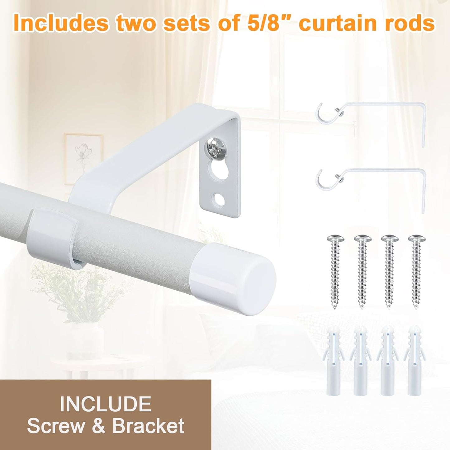 Curtain Poles with White Finials, Frosted White Curtain Pole with Brackets Fittings Set Window Poles for Living Room & Outdoor