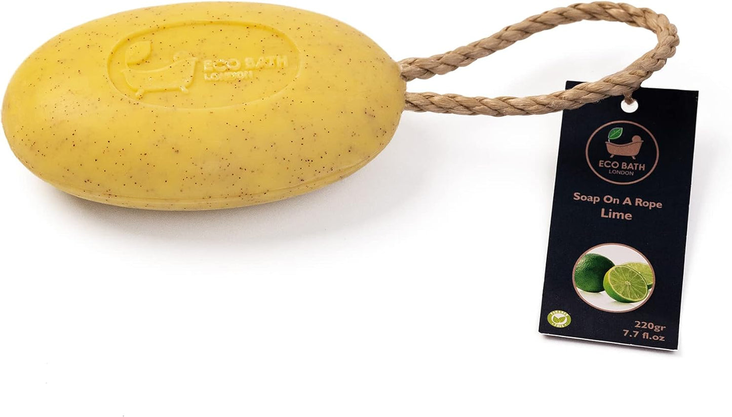Eco Bath London Lime Soap on a Rope 220g - Luxury Eco-Friendly Lime Soap, Refreshing Body Wash Bar with Shea Butter, Natural Shower Gel Bar for Smooth and Hydrated Skin,