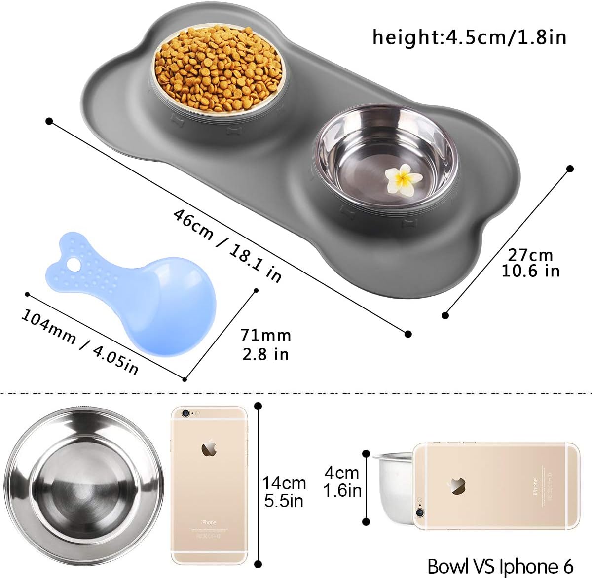 Double Dog Bowls- Stainless Steel 350ml/Bowl Puppy Water and Food Bowl with Non-skid Anti-overflow Silicon Tray Mat for Puppy Dogs, With Pet Food Shovel