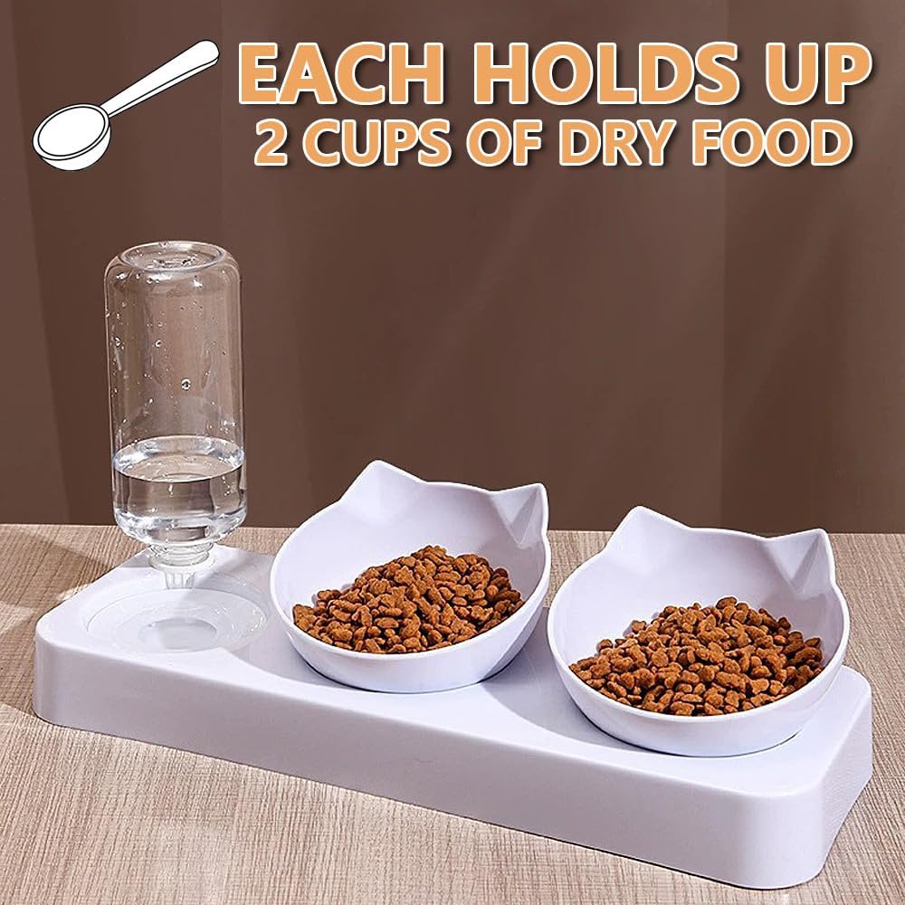 3-In-1 Cat Food And Water Bowl Set, Cat Bowls with Stand, Double Cat Bowls with Water Dispenser, Food And Water Feeder for Small Medium Dogs Cats